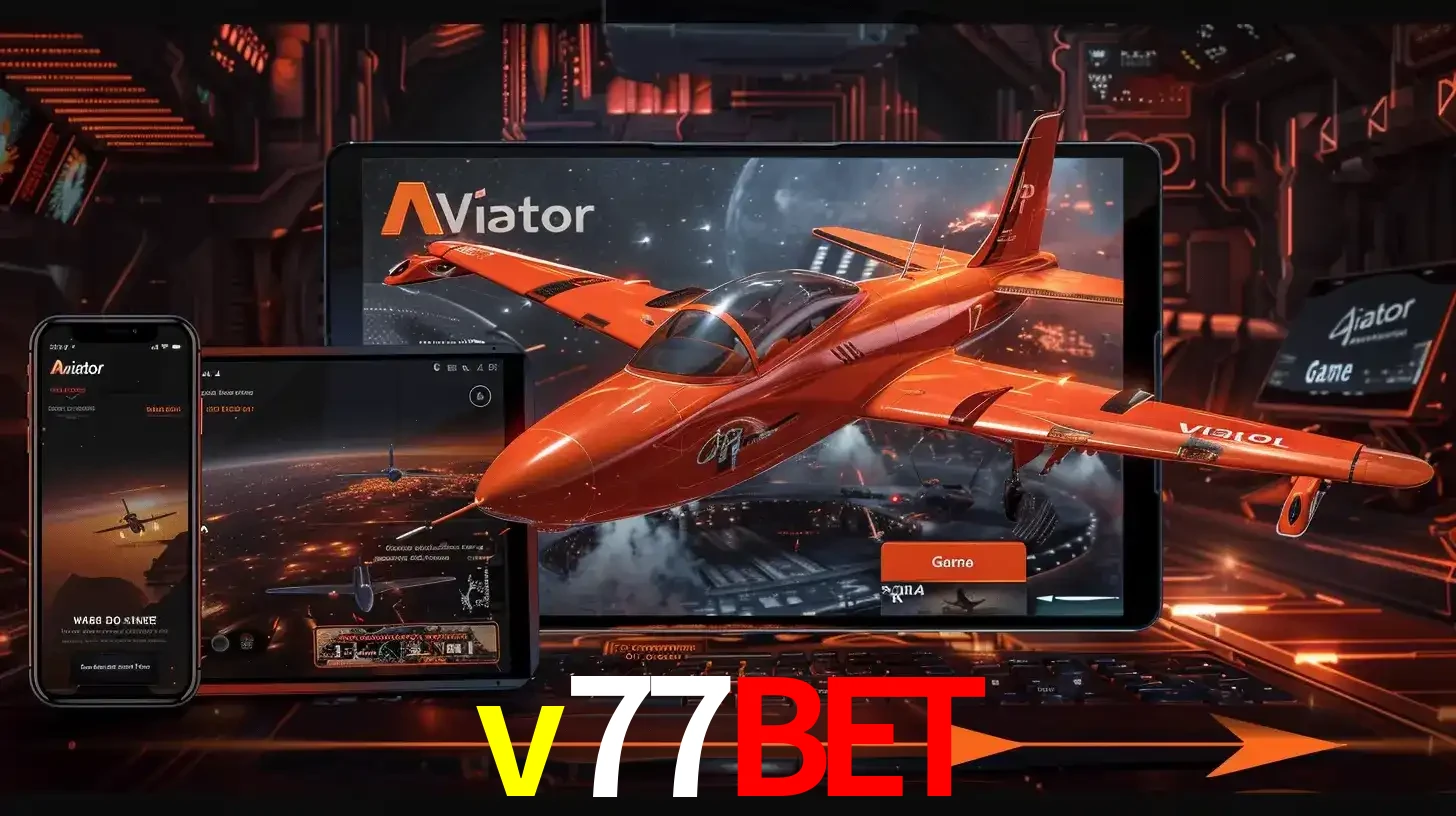 Apresentação tecnológica do jogo Aviator com um avião saindo da tela de um tablet, demonstrando a experiência imersiva em múltiplos dispositivos no v77bet.