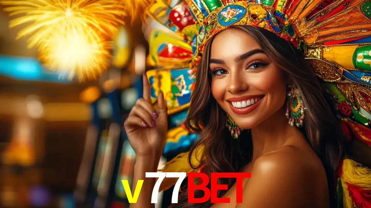 Mulher sorridente com um cocar de carnaval vibrante e colorido, celebrando uma grande vitória nos jogos do cassino v77bet com fogos de artifício ao fundo.