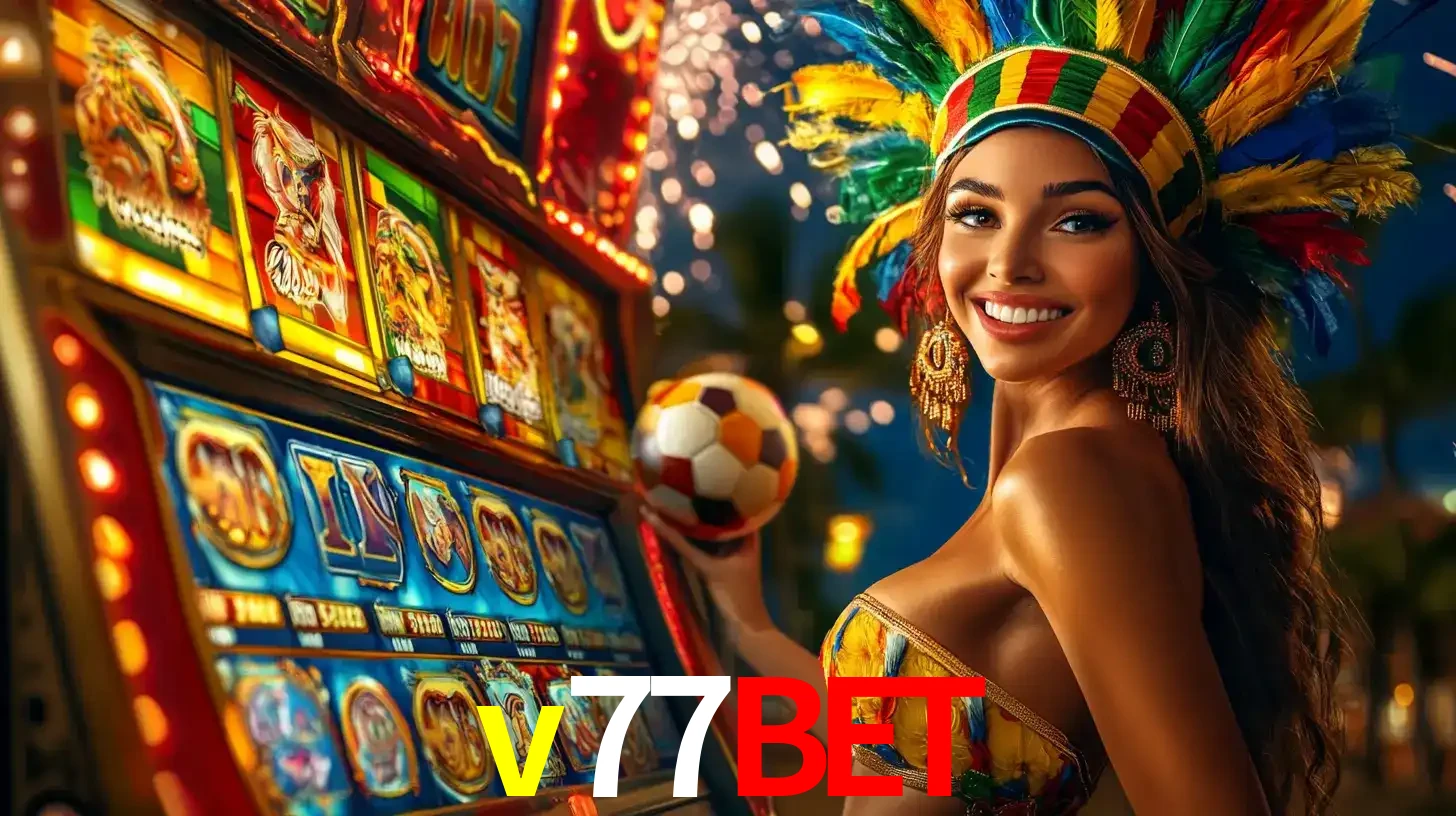 Mulher com um cocar de carnaval ao lado de uma máquina de caça-níqueis enquanto segura uma bola de futebol, mostrando a união da diversão de cassino e esportes no v77bet.