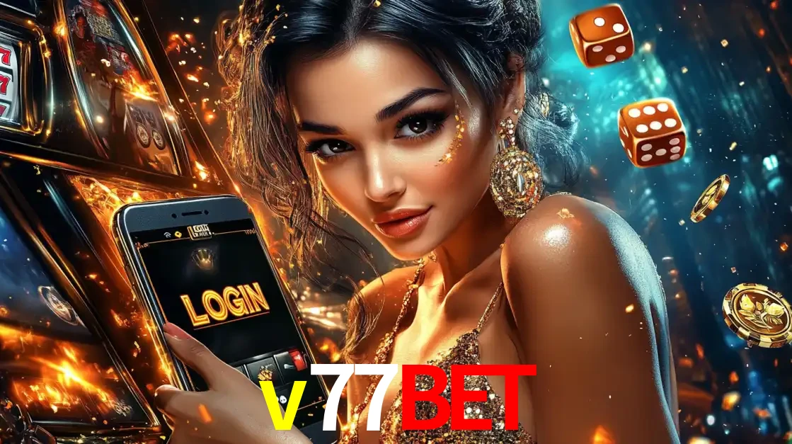Mulher glamourosa segurando um celular com a tela de login do cassino v77bet, rodeada por dados e moedas douradas, pronta para começar a diversão.