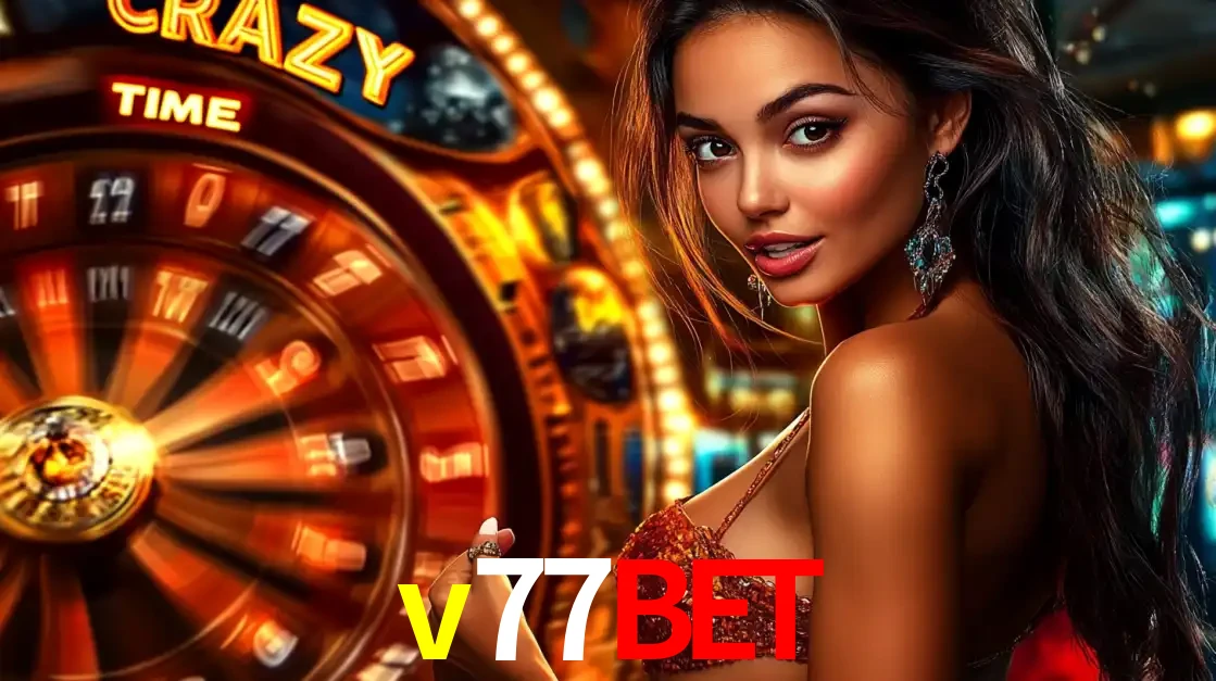 Mulher ao lado da roda de prêmios do jogo de cassino ao vivo Crazy Time, um dos shows de jogos mais emocionantes oferecidos pela plataforma de apostas v77bet.