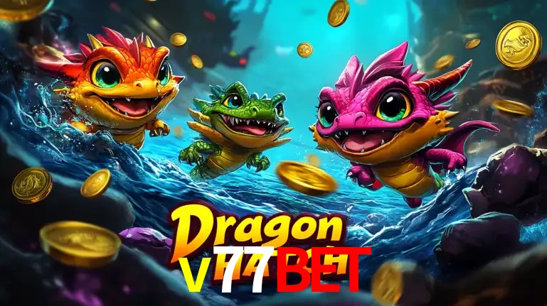 Arte promocional do jogo Dragon Hatch com três adoráveis dragões bebês nadando entre moedas de ouro, um dos slots mais divertidos para jogar no cassino v77bet.