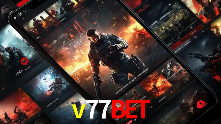 Tela de um celular exibindo uma galeria de jogos de tiro com temática militar, mostrando a variedade de e-sports disponíveis para apostas na plataforma de entretenimento v77bet.