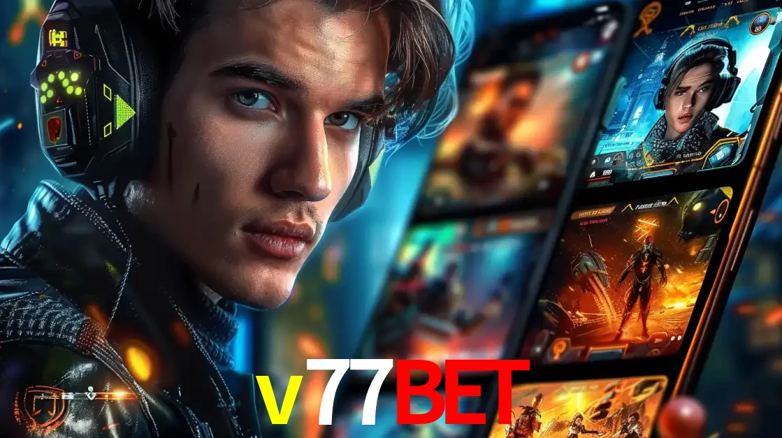 Jovem jogador com fones de ouvido olhando para a câmera, com um aplicativo de jogos e e-sports para celular ao fundo, pronto para a competição e apostas no v77bet.