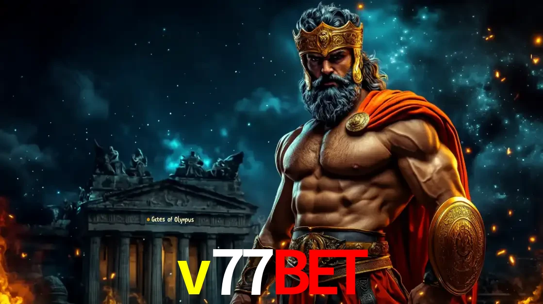 O poderoso Zeus do jogo de slot Gates of Olympus em frente ao seu templo, pronto para lançar multiplicadores divinos e prêmios épicos no cassino online v77bet.
