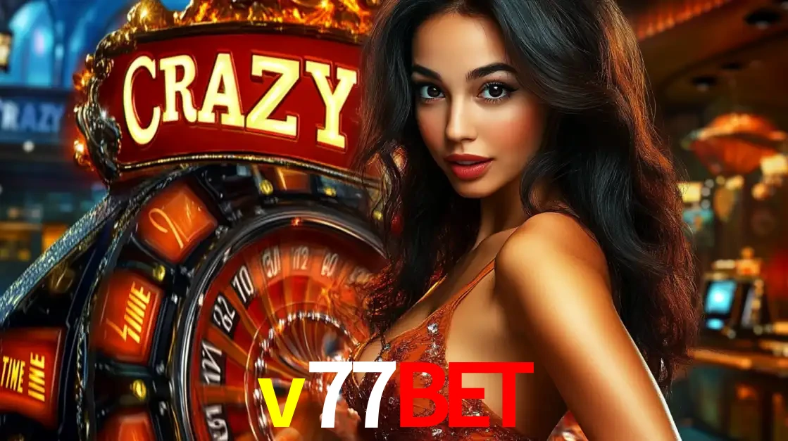 Mulher glamourosa olhando para a câmera com a roda vermelha do Crazy Time ao fundo em um ambiente de cassino, destacando a emoção dos jogos ao vivo no v77bet.