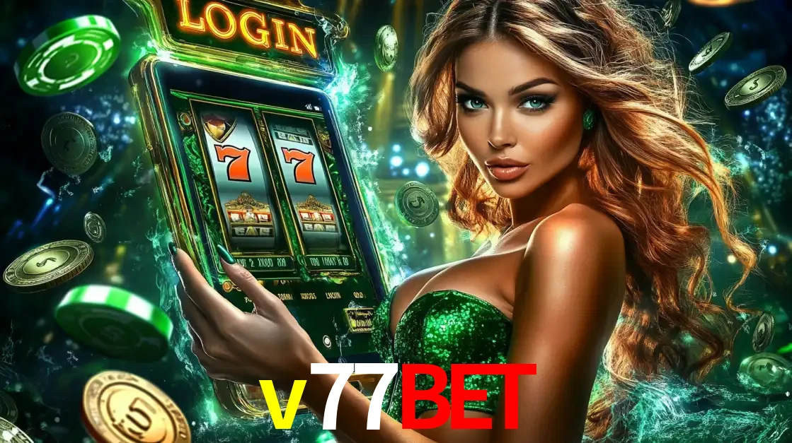 Mulher com tema verde apresentando o aplicativo do cassino v77bet com um jogo de slot de 777, cercada por fichas de cassino e uma aura de sorte.