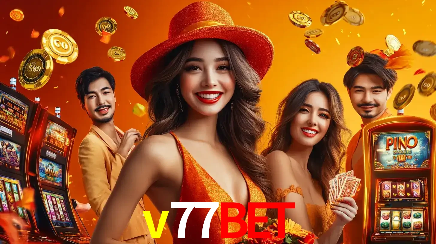 Grupo de amigos asiáticos sorrindo e se divertindo com máquinas de caça-níqueis em um ambiente festivo, celebrando suas vitórias nos jogos de cassino do v77bet.