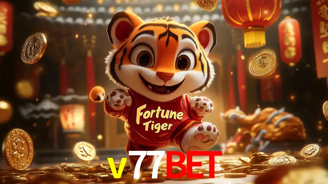 O alegre personagem do Fortune Tiger correndo sobre um caminho de moedas de ouro, simbolizando os grandes prêmios e a diversão do popular jogo de slot do v77bet.