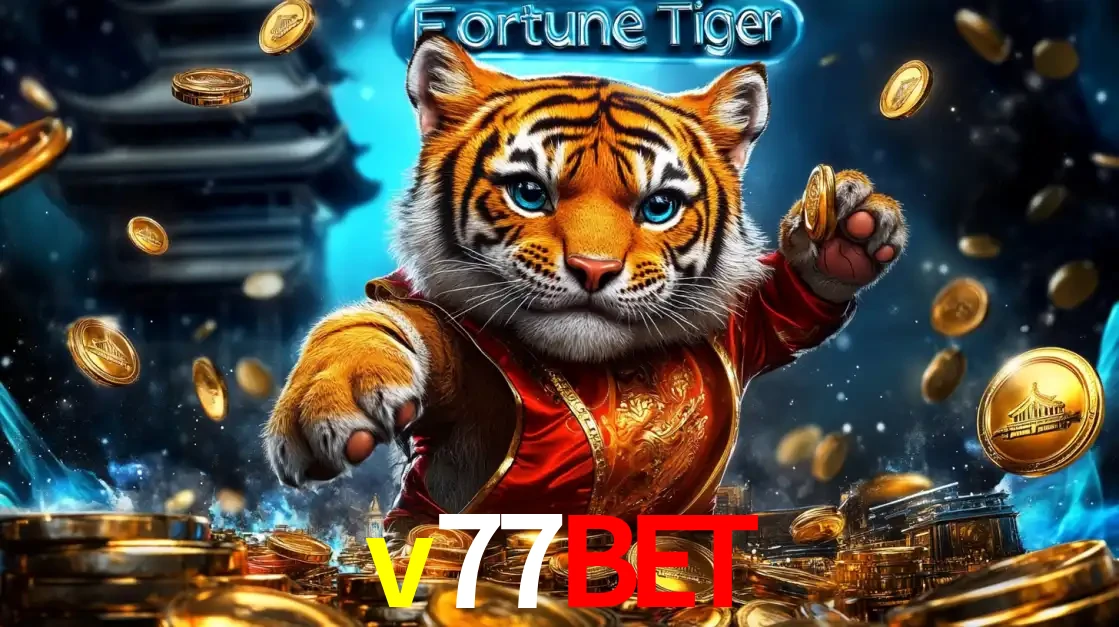 Imagem promocional do jogo de slot Fortune Tiger, com um tigre majestoso em traje tradicional cercado por uma fortuna em moedas de ouro, disponível agora no cassino v77bet.