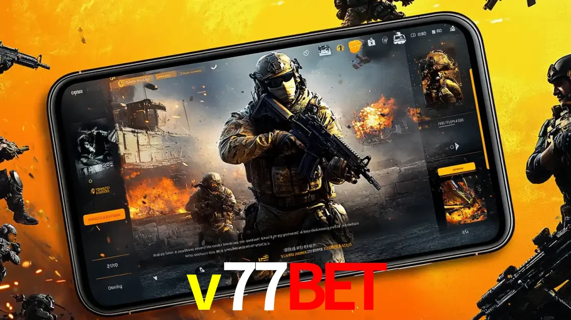 Um smartphone exibindo a interface de um jogo de tiro em primeira pessoa, com um soldado em um cenário de batalha, representando a ação dos e-sports para apostar no v77bet.