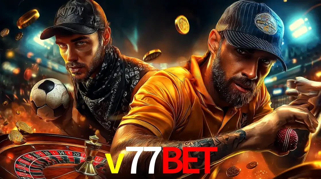 Montagem de apostas esportivas e cassino no v77bet, com um homem segurando uma bola de futebol e outro uma de beisebol sobre uma roleta e moedas voadoras.