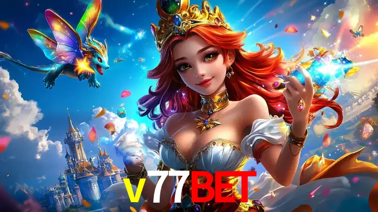 A princesa de um reino de fantasia mágico, com seu pequeno dragão, apresentando um mundo de prêmios encantados nos jogos de caça-níqueis do cassino v77bet.