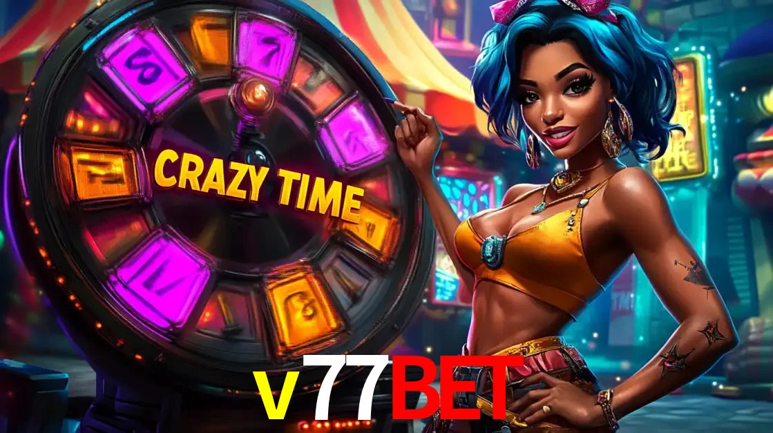 Mulher estilizada com cabelo azul e visual vibrante posando ao lado da roda de prêmios do game show Crazy Time, convidando para a diversão e os bônus do cassino v77bet.