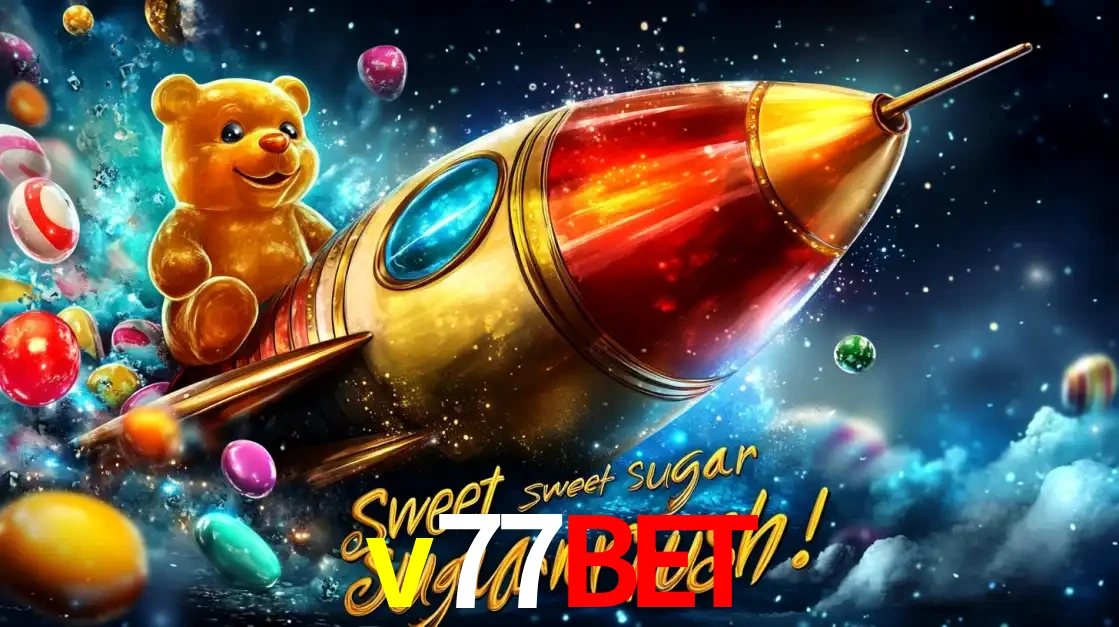 Arte promocional do jogo de slot Sugar Rush, com um urso de pelúcia em um foguete viajando pelo espaço de doces, um dos jogos divertidos disponíveis no cassino v77bet.