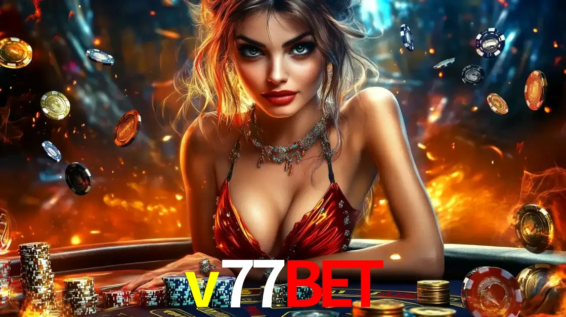 Mulher em uma mesa de cassino com pilhas de fichas e um fundo de fogo, pronta para uma rodada de altas apostas nos jogos de mesa emocionantes do cassino v77bet.