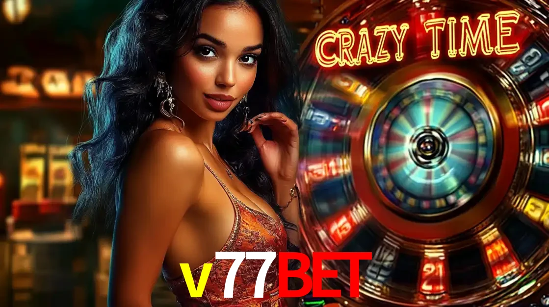 Mulher elegante ao lado da vibrante roda da fortuna do jogo de cassino ao vivo Crazy Time, um dos game shows mais populares e cheios de prêmios do v77bet.