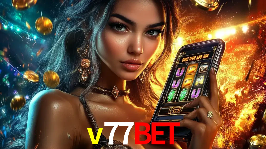 Mulher elegante mostrando um jogo de caça-níqueis em seu smartphone, destacando a experiência de cassino móvel oferecida pelo aplicativo v77bet.