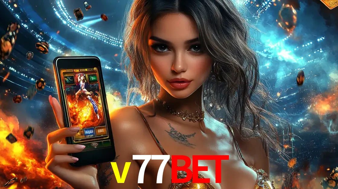 Mulher segurando um celular com um jogo de slot em destaque, tendo como fundo um estádio vibrante, simbolizando a emoção de jogar no cassino móvel v77bet.