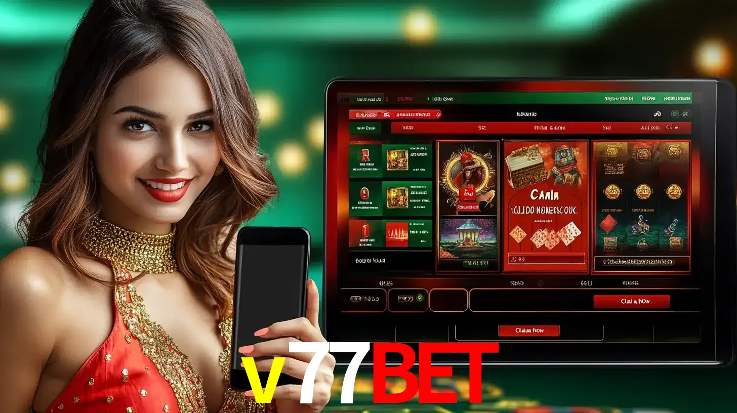 Mulher sorridente segurando um smartphone, ao lado de uma tela exibindo o lobby de jogos do cassino online v77bet, com várias opções de jogos de cartas e slots.